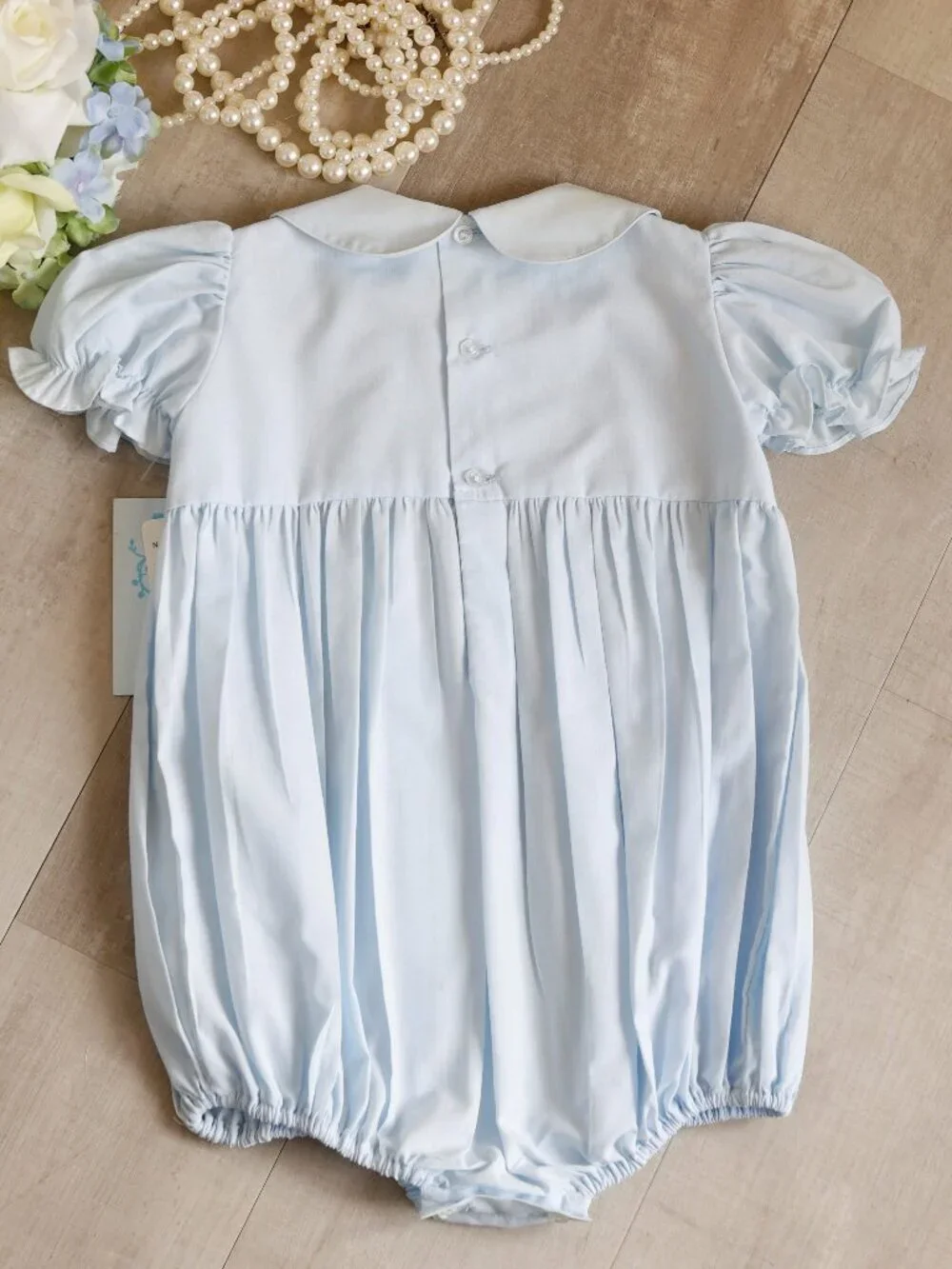 Blue Smocked Bubble Pink Embroidery Luli & Me Boutique Milestone Portrait NWT